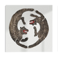 A minimalist illustration of two black-striped tigers with red, open mouths, locked in a circular motion on a white background. The bold contrast between the black stripes and white space creates a dynamic, vintage-inspired design.