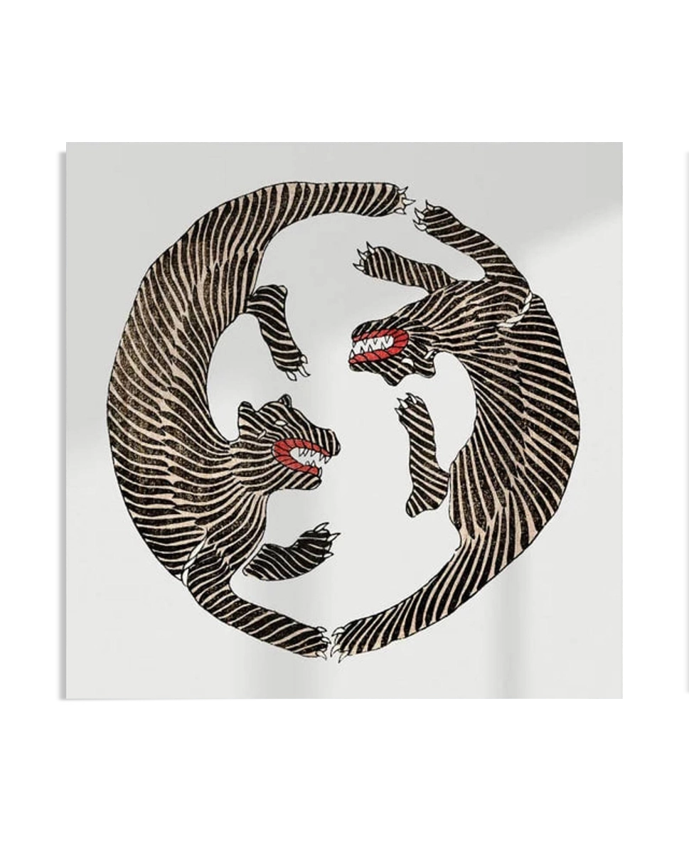 A minimalist illustration of two black-striped tigers with red, open mouths, locked in a circular motion on a white background. The bold contrast between the black stripes and white space creates a dynamic, vintage-inspired design.