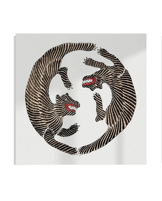 A minimalist illustration of two black-striped tigers with red, open mouths, locked in a circular motion on a white background. The bold contrast between the black stripes and white space creates a dynamic, vintage-inspired design.