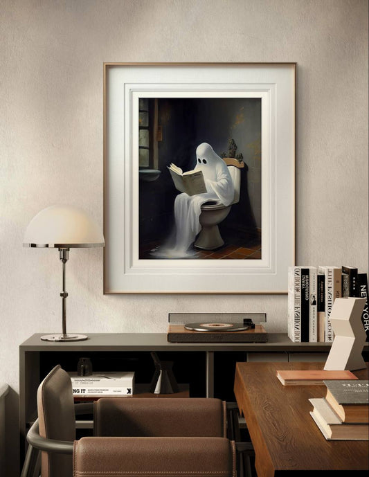 The framed ghost artwork hangs in a modern office space. Surrounding it are a desk, books, and a record player, combining contemporary design with the playful, eerie humor of the poster.