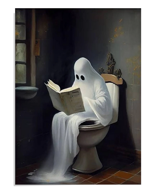A humorous illustration of a ghost sitting on a toilet, reading a book. The ghost has two black eye holes and a long white sheet, giving a playful and surreal touch to the dark bathroom setting.