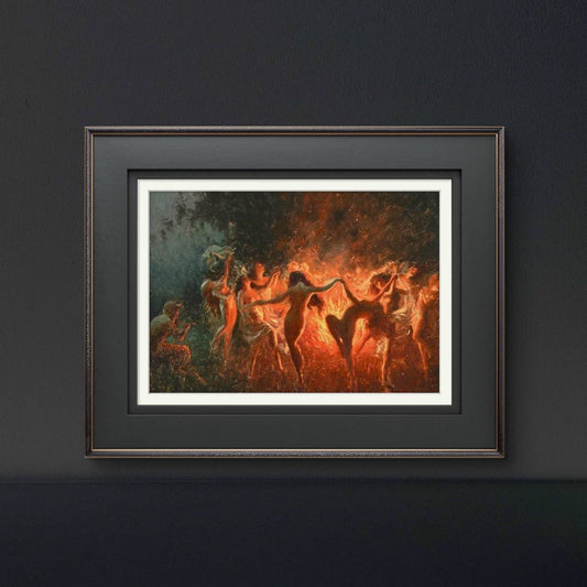 The framed artwork is showcased in a dark, modern room. The bonfire’s warm glow contrasts with the black wall, emphasizing the ethereal dance of the nymphs in the painting’s vibrant, fiery hues.