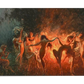 A fiery scene of nymphs dancing around a large bonfire. The figures, partially clothed, move rhythmically in a circle, with the warm flames lighting up their bodies against the dark backdrop, creating a sense of wild energy.