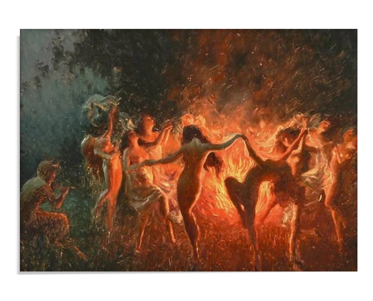 A fiery scene of nymphs dancing around a large bonfire. The figures, partially clothed, move rhythmically in a circle, with the warm flames lighting up their bodies against the dark backdrop, creating a sense of wild energy.