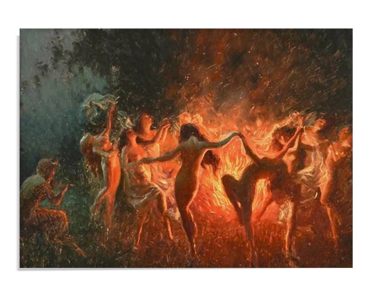 A fiery scene of nymphs dancing around a large bonfire. The figures, partially clothed, move rhythmically in a circle, with the warm flames lighting up their bodies against the dark backdrop, creating a sense of wild energy.