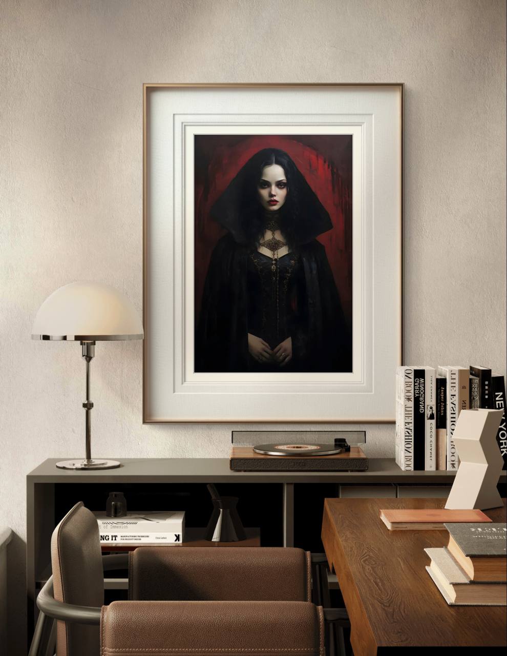 The gothic portrait of a young woman framed in gold and white, hanging in a modern living room. The dramatic combination of dark tones and her enigmatic expression adds a touch of sophistication to the space.