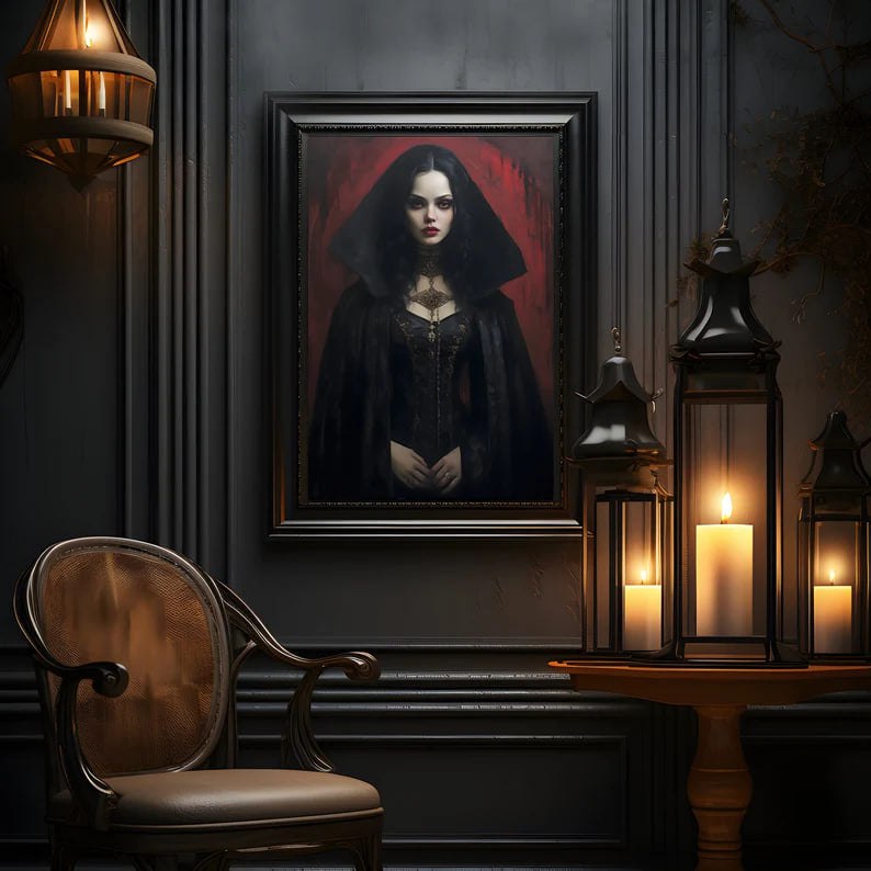 The same portrait of the gothic woman hanging in an elegant room with dim lighting. The candles and dark décor enhance the piece's somber and captivating atmosphere, making it the focal point of the room.