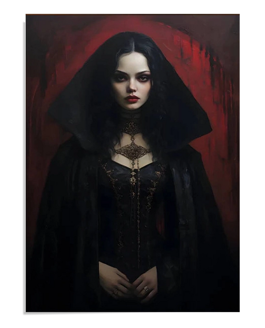A portrait of a young gothic woman dressed in a black corset and dark cloak. Her pale complexion and red lips stand out against a dark and deep red background, creating a mysterious and elegant aura.