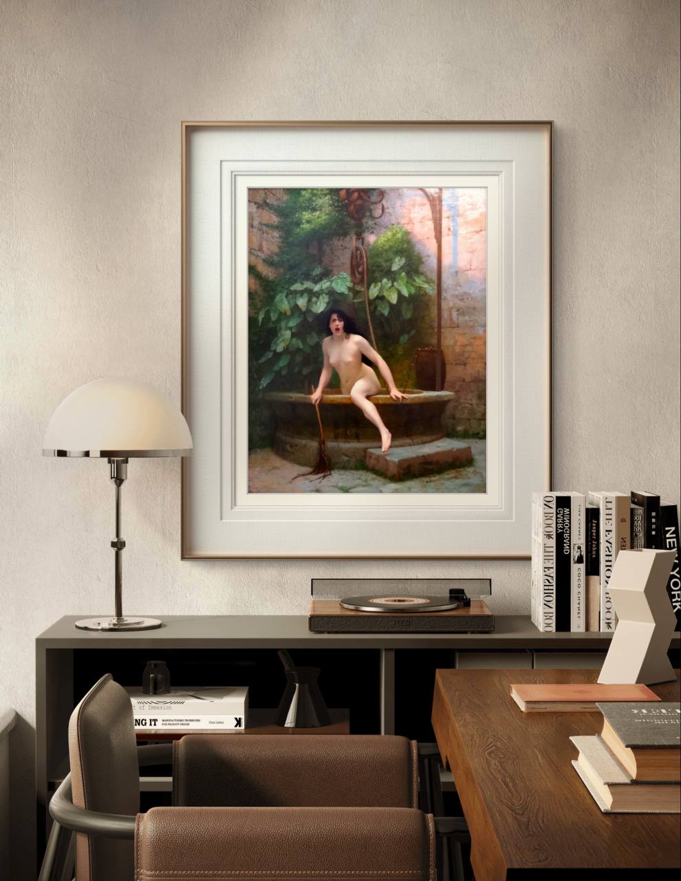 The framed artwork of the woman emerging from a well is displayed in a modern interior. The bright green foliage and rich details of the stone well contrast with the minimal decor, highlighting the painting’s historical elegance.