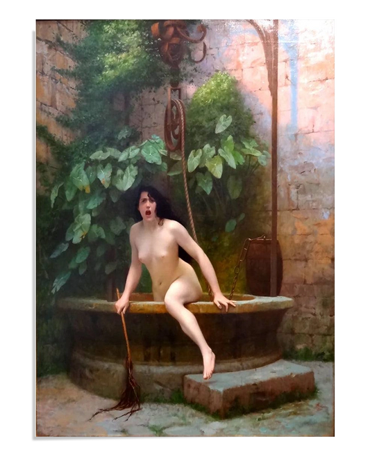 First Image: A classical painting depicting a nude woman emerging from a well, holding a stick in one hand. The setting is a lush, overgrown courtyard with climbing greenery and an old stone wall, creating a sense of mystery and drama.

