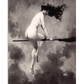 A vintage-style painting of a nude woman riding a broomstick through the clouds, her hair blowing in the wind. The monochromatic tones and soft shading add a dreamlike, ethereal quality to the scene.