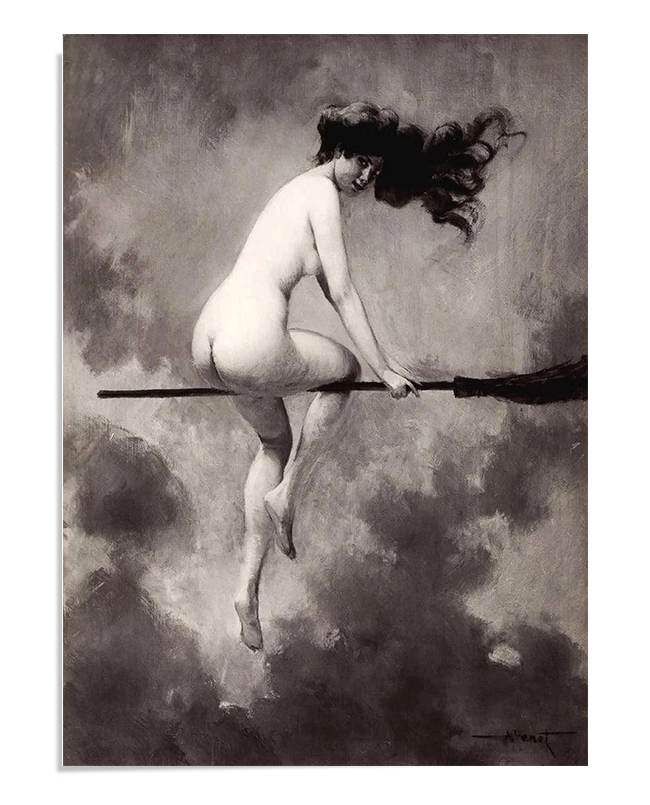 A vintage-style painting of a nude woman riding a broomstick through the clouds, her hair blowing in the wind. The monochromatic tones and soft shading add a dreamlike, ethereal quality to the scene.