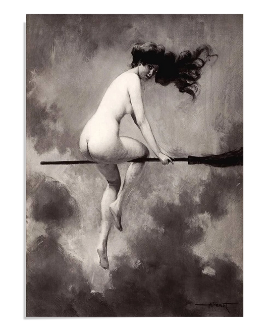 A vintage-style painting of a nude woman riding a broomstick through the clouds, her hair blowing in the wind. The monochromatic tones and soft shading add a dreamlike, ethereal quality to the scene.