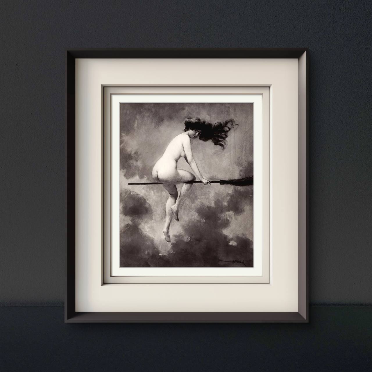 A framed monochrome painting of a nude woman riding a broomstick through the clouds, her hair blowing wildly in the wind. The soft shading and ethereal clouds create a mystical, timeless scene, adding a vintage charm to the room.