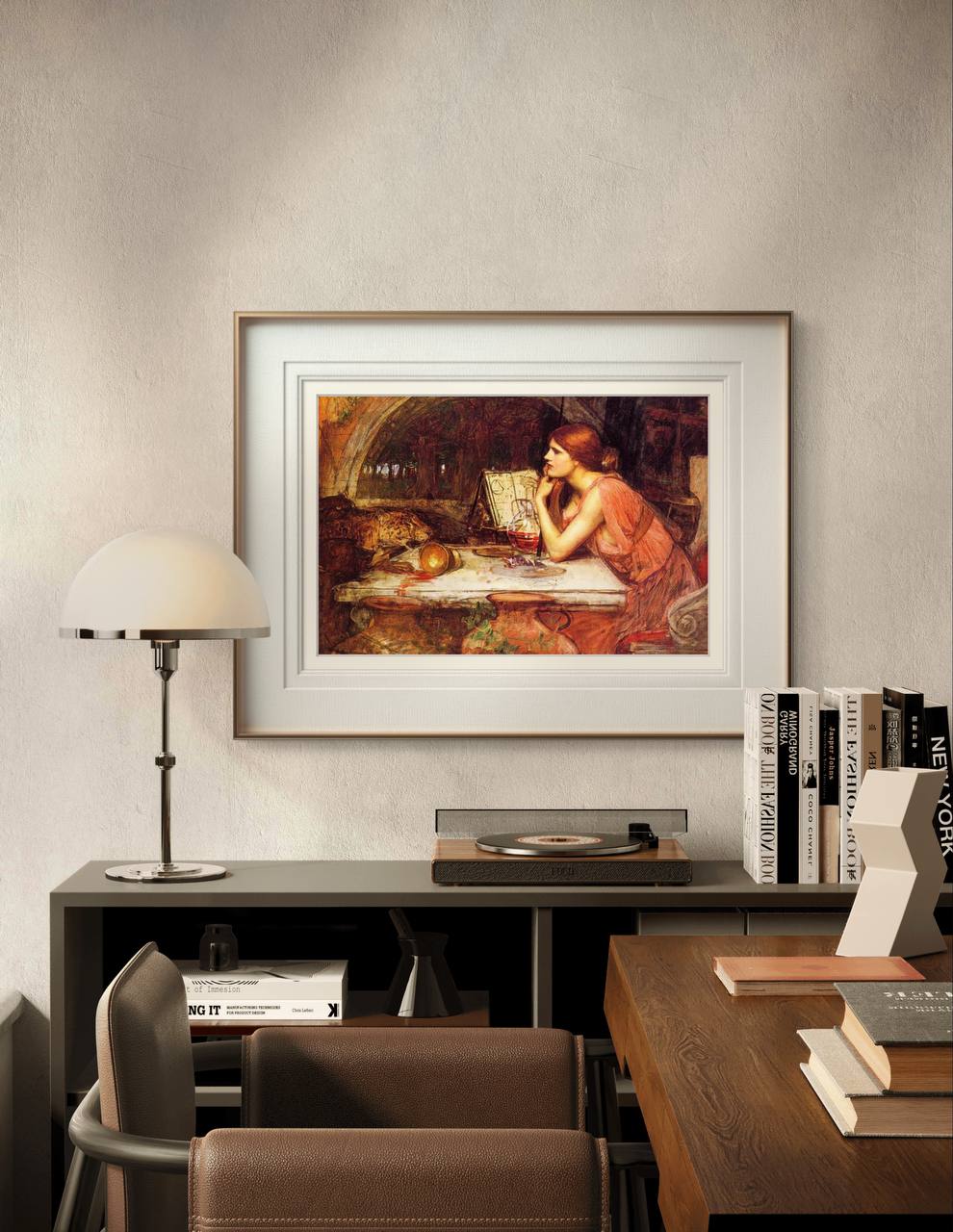 The framed artwork of the woman at her mystical table is shown hanging in a modern room. The soft, warm tones of the painting contrast beautifully with the clean lines of the contemporary decor, adding an air of enchantment to the space.