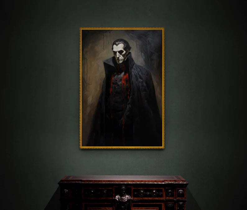 The framed Dracula portrait is displayed in a dimly lit room with a rich, dark decor. The painting’s deep shadows and dramatic lighting enhance the gothic atmosphere, making the vampire figure appear even more ominous.