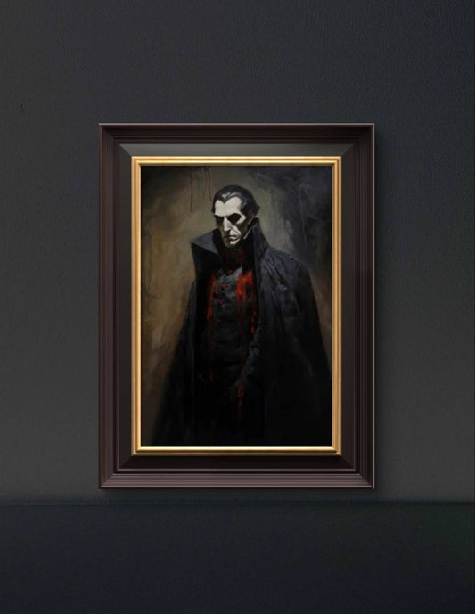 This framed artwork of Dracula hangs against a dark wall, accentuating the contrast between the pale vampire and the surrounding shadows. The bold use of red and black adds a powerful, eerie energy to the room.