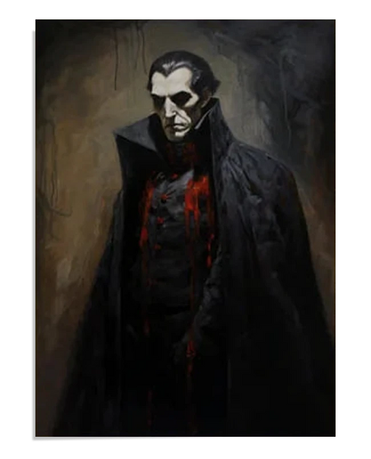 A dark, brooding portrait of Dracula in a black cloak, with blood dripping down his chest. His pale face and intense gaze add a chilling atmosphere to the artwork, emphasizing his menacing and mysterious presence.

