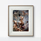 The framed painting, hung on a white wall, highlights the intricate composition of the witches and creatures flying through the air. The contrast between light and shadow brings out the chaotic energy of the scene.