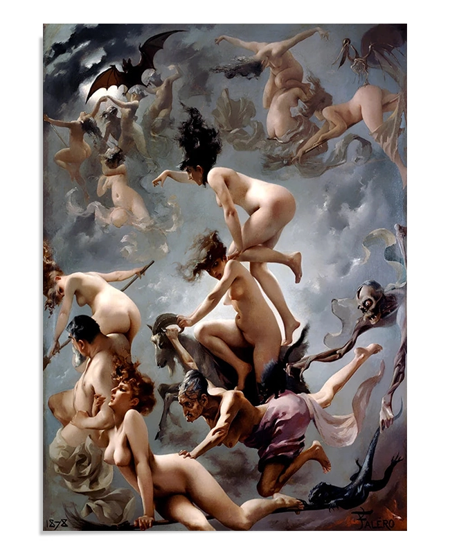  A dramatic painting depicting witches soaring through a stormy sky on their way to the Sabbath. The scene is filled with dynamic, swirling figures of both witches and fantastical creatures, creating an eerie and chaotic atmosphere.