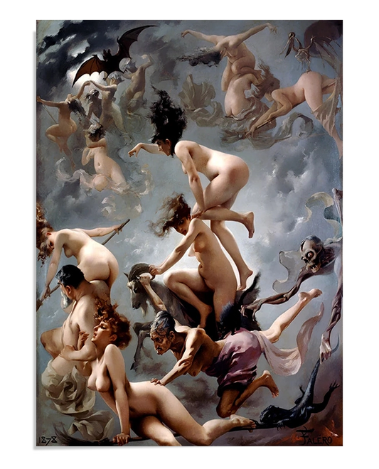  A dramatic painting depicting witches soaring through a stormy sky on their way to the Sabbath. The scene is filled with dynamic, swirling figures of both witches and fantastical creatures, creating an eerie and chaotic atmosphere.