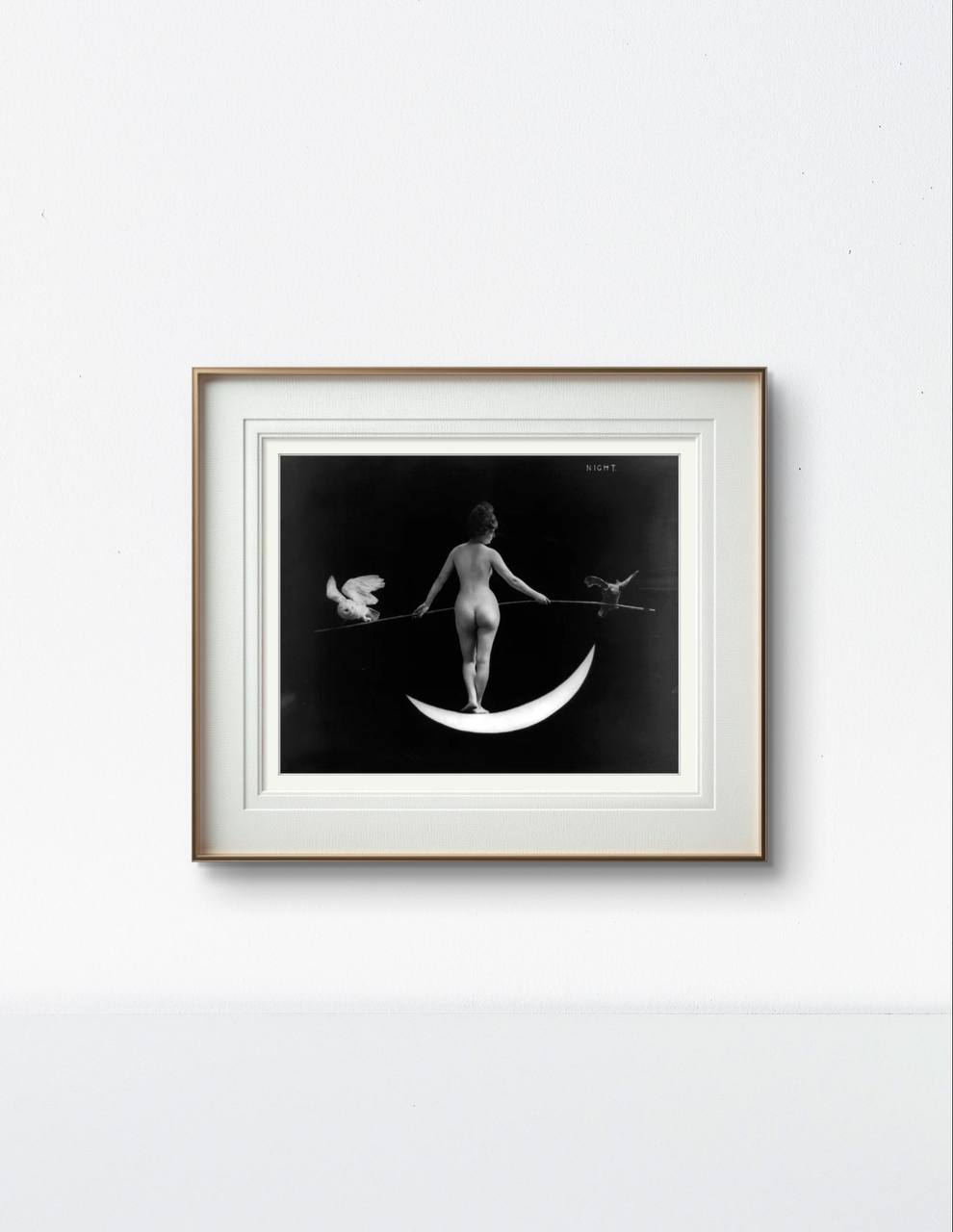 The same framed artwork, displayed on a white wall, enhances the minimalistic elegance of the piece. The moonlit scene and the delicate figure balance between light and darkness, adding a magical touch to the space.