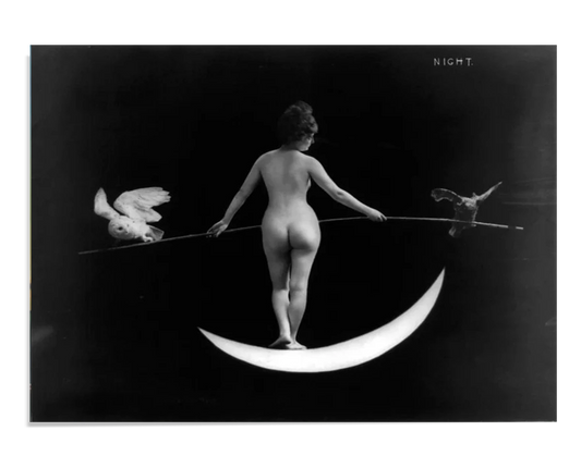 A black-and-white image of a nude woman balancing on a crescent moon, holding a pole with an owl on one side and a bat on the other. The minimalistic composition, titled "Night," exudes a sense of ethereal beauty and mystery.