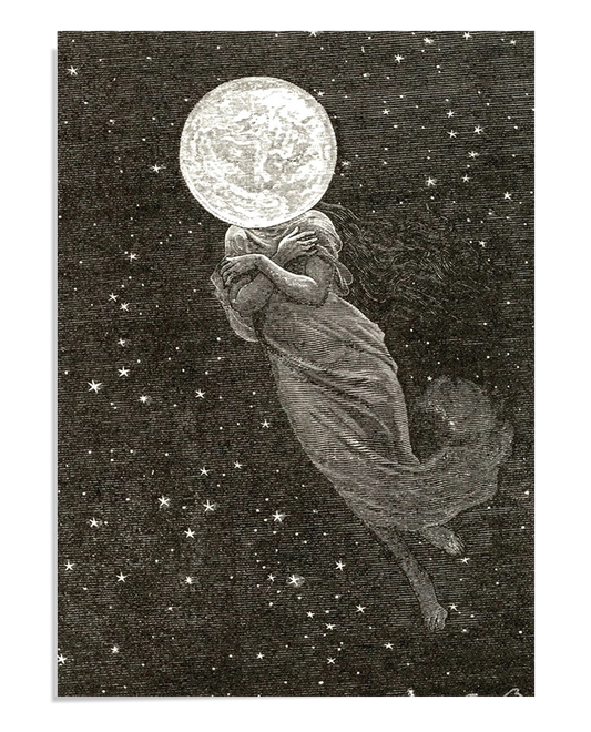 A mystical image of a floating figure wrapped in robes, holding their arms close, with the moon as their head. The figure is surrounded by stars in the night sky, creating a dreamlike and cosmic atmosphere