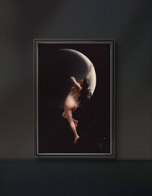 Displayed in a sleek black frame, the artwork shows the woman floating in the night, reaching for the crescent moon. The dark backdrop enhances the mystical and elegant ambiance.