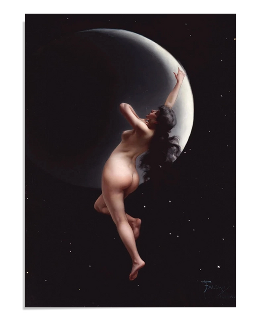  A nude woman with long, flowing hair reaches toward the crescent moon behind her. She appears to be floating in the starry night sky, exuding a sense of freedom and connection to the moon's mystical energy.