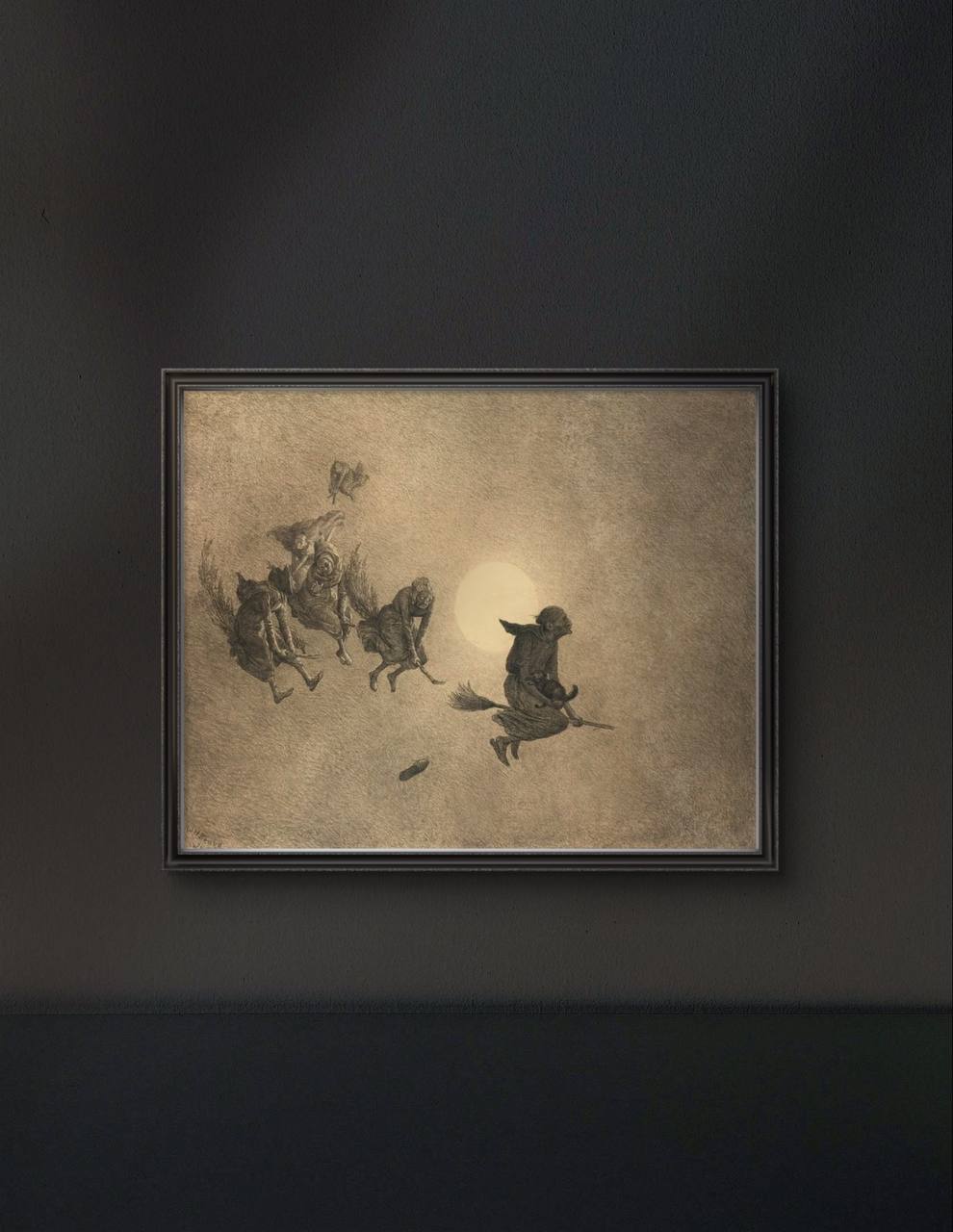 he framed version of the witches flying under the moonlight, surrounded by a dark, moody atmosphere. The witches and their broomsticks bring a mystical and eerie charm to the artwork.