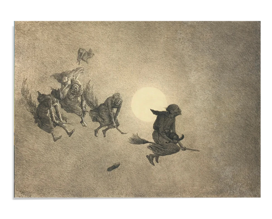 A group of witches flying on broomsticks under a full moon, one witch leading with a black cat in her lap. Their whimsical flight through the night sky creates a sense of magic and mischief.