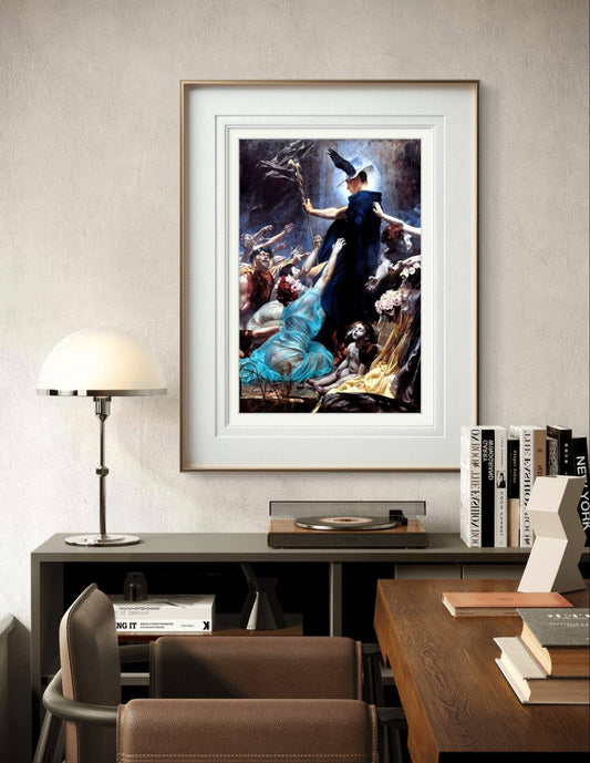 Displayed in a modern, elegant frame, the intense scene of souls reaching toward the cloaked figure enhances the room with a sense of mythology and mysticism. The vivid colors and dark aura create an impactful centerpiece.