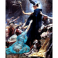  A dramatic scene of a cloaked figure, holding a staff, leading a group of souls in anguish. The souls, with pleading arms, reach out toward the figure, surrounded by an otherworldly, mystical glow.