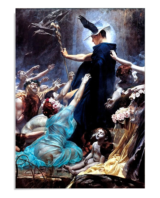  A dramatic scene of a cloaked figure, holding a staff, leading a group of souls in anguish. The souls, with pleading arms, reach out toward the figure, surrounded by an otherworldly, mystical glow.