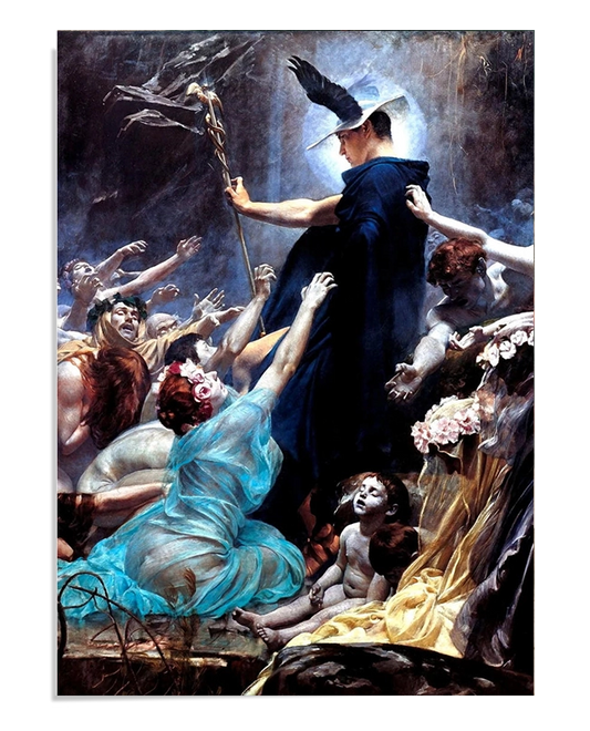  A dramatic scene of a cloaked figure, holding a staff, leading a group of souls in anguish. The souls, with pleading arms, reach out toward the figure, surrounded by an otherworldly, mystical glow.