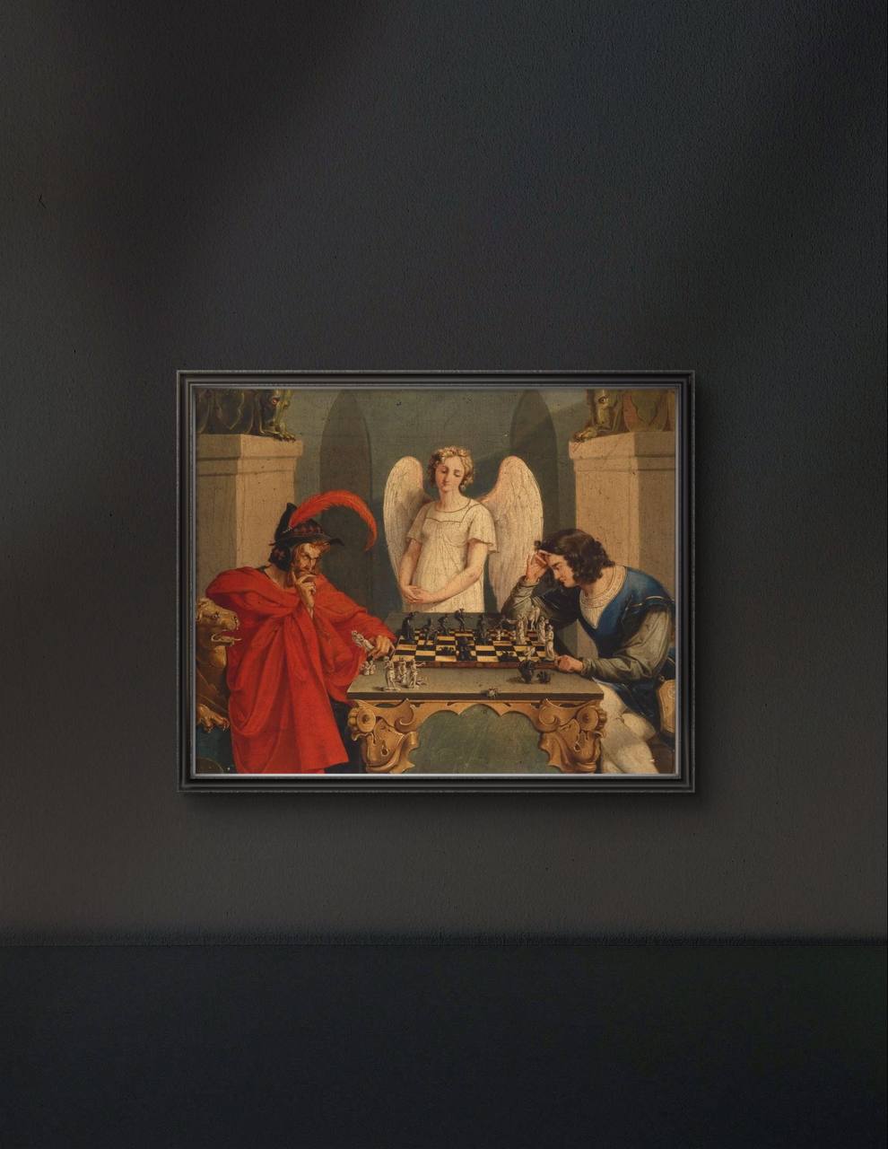 The framed artwork displays Faust and Mephistopheles engaged in a chess match, with an angelic figure standing behind them. The dark setting and rich colors heighten the scene’s dramatic tension between moral forces.
