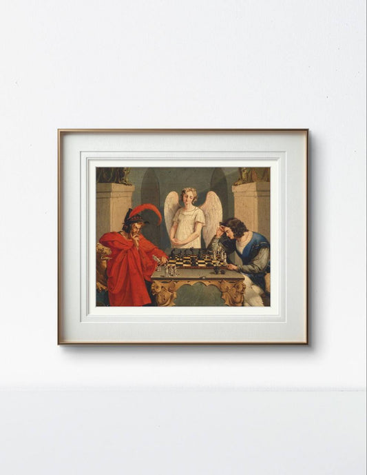  Displayed in a modern frame, this scene of Faust and Mephistopheles playing chess with an angelic observer adds a touch of classical drama to the room. The intricate chess game symbolizes the eternal struggle between good and evil.