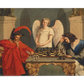 Faust and Mephistopheles sit across a chessboard, deep in thought. Mephistopheles wears a red robe and hat, while Faust is dressed in blue. An angel watches over them from behind, creating a tense, symbolic scene of good versus evil.