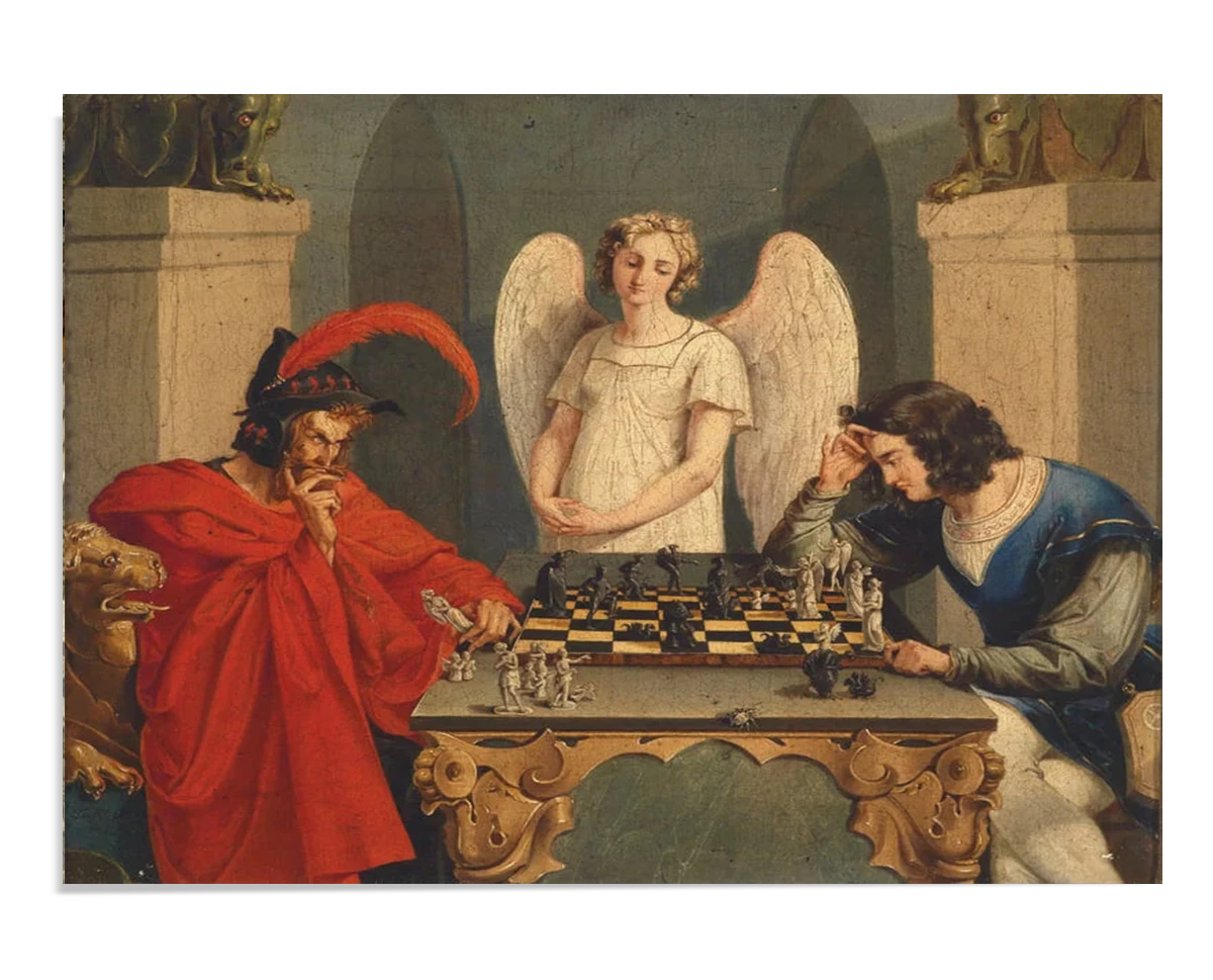 Faust and Mephistopheles sit across a chessboard, deep in thought. Mephistopheles wears a red robe and hat, while Faust is dressed in blue. An angel watches over them from behind, creating a tense, symbolic scene of good versus evil.