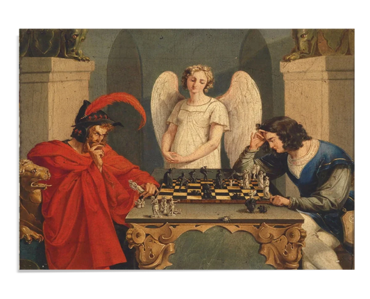 Faust and Mephistopheles sit across a chessboard, deep in thought. Mephistopheles wears a red robe and hat, while Faust is dressed in blue. An angel watches over them from behind, creating a tense, symbolic scene of good versus evil.