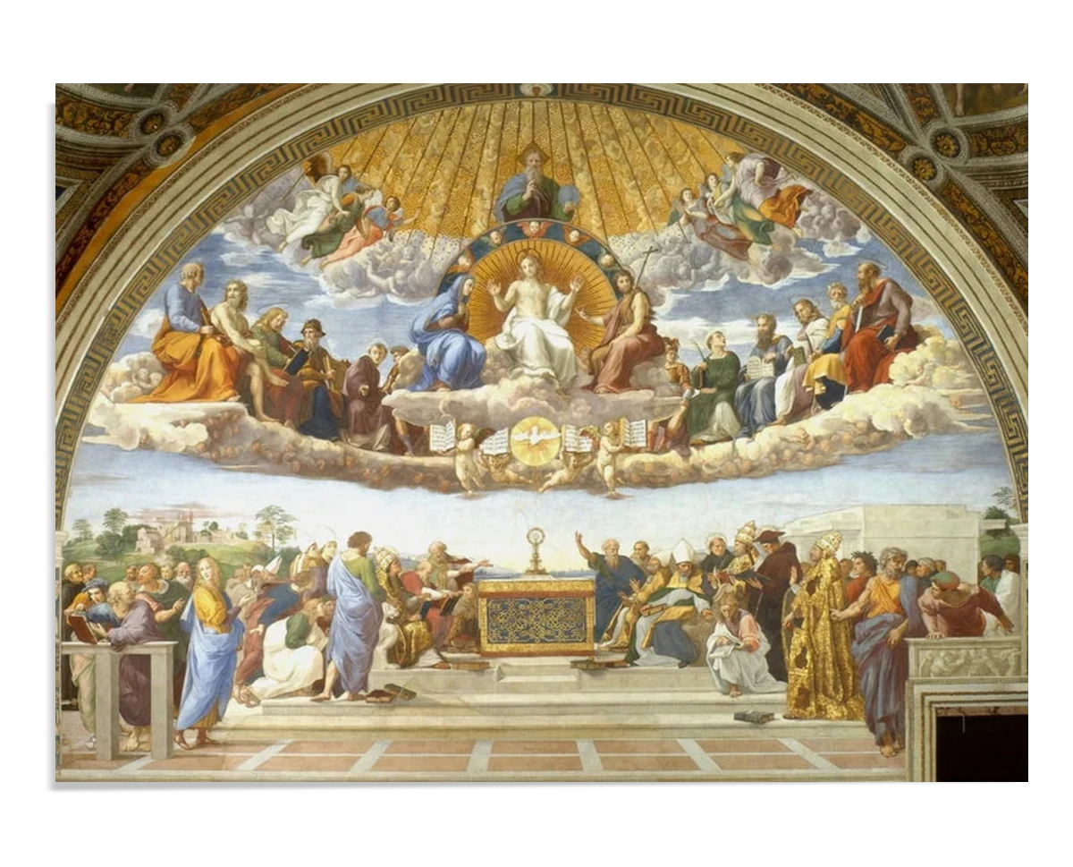 A grand fresco depicting a divine scene. At the top, Christ sits enthroned, surrounded by saints and angels in the heavens. Below, theologians and church figures discuss the Eucharist. The painting is full of vibrant colors and spiritual symbolism.