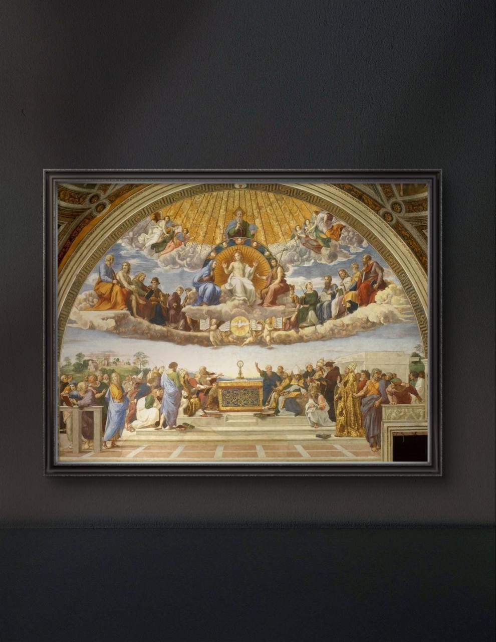 The framed artwork shows Raphael's "Disputation of the Holy Sacrament," with Christ and saints in the heavens and church figures below, discussing the Eucharist. The vivid, classical depiction of faith and theology brings historical depth to the space.