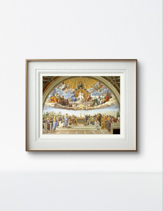 Displayed in a sleek white frame, Raphael's masterpiece fills the room with divine inspiration. The rich details of Christ and saints in heaven, combined with the theologians on Earth, create a majestic and spiritual ambiance in the room.