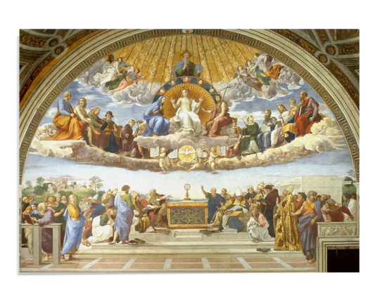 A grand fresco depicting a divine scene. At the top, Christ sits enthroned, surrounded by saints and angels in the heavens. Below, theologians and church figures discuss the Eucharist. The painting is full of vibrant colors and spiritual symbolism.