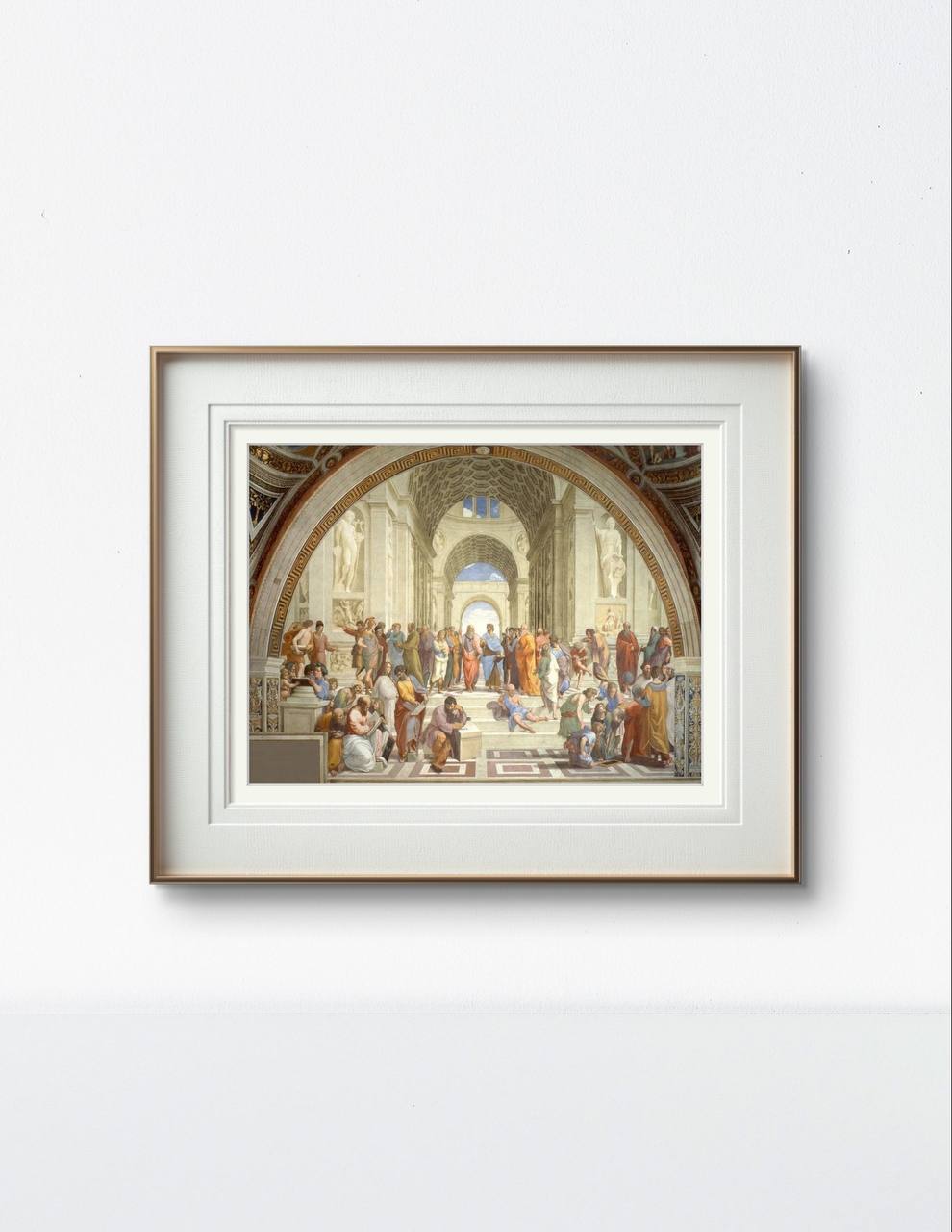 The framed artwork displays Raphael's "The School of Athens," filled with ancient philosophers in discussion. Plato and Aristotle stand at the center, bringing an air of intellectual grandeur and classical elegance to the room.