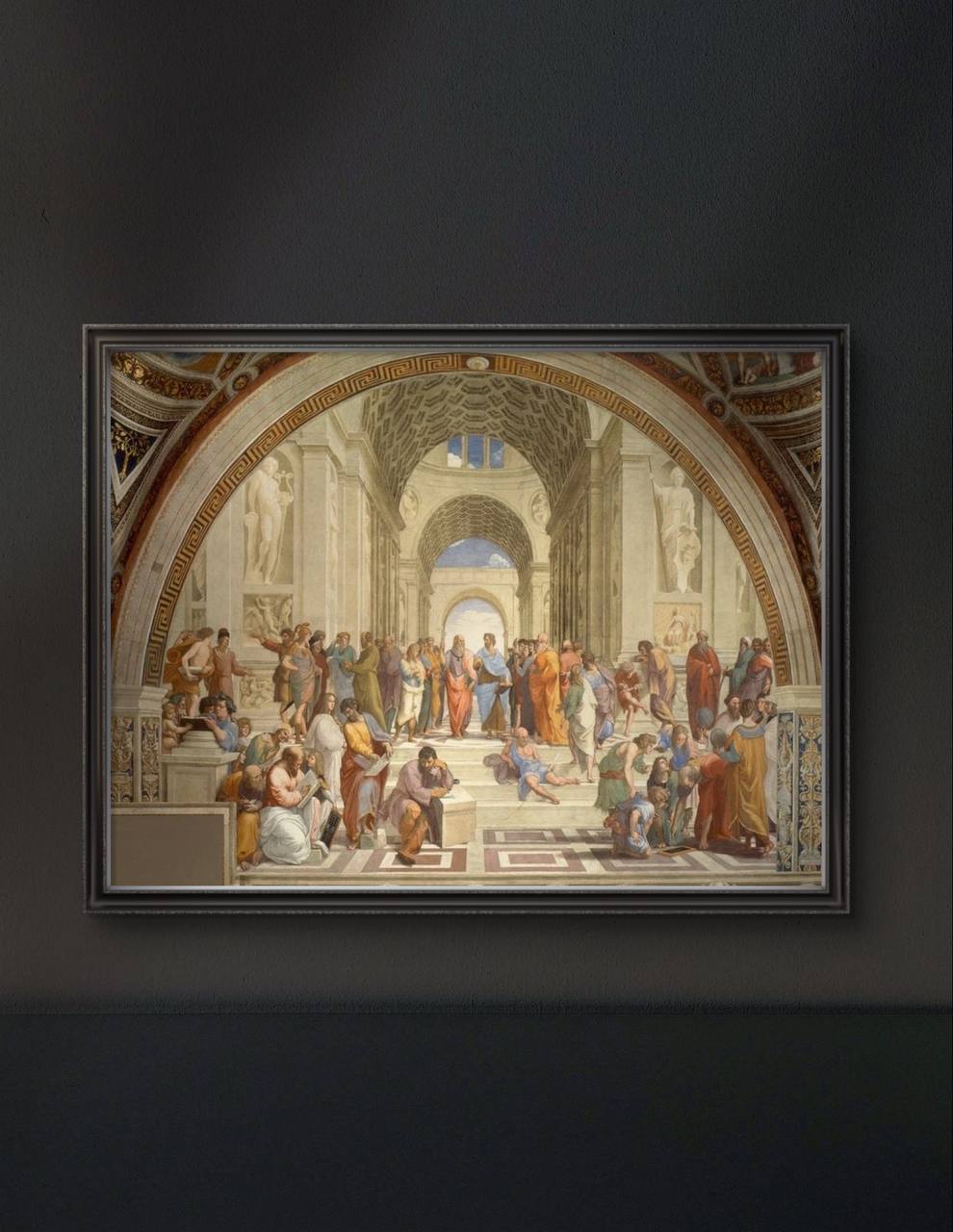 The framed masterpiece, depicting ancient philosophers and scholars, brings a sense of intellectual depth to the space. The detailed fresco with its classical architecture creates a perfect blend of art and history in the modern room.