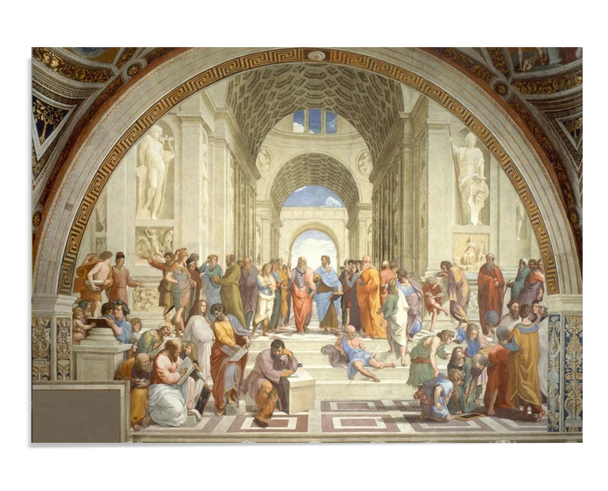 A Renaissance fresco painting depicting ancient philosophers, including Plato, Aristotle, and Socrates, engaged in intellectual discussion. They are set in a grand architectural space, with detailed figures and dramatic lighting emphasizing the depth and philosophical themes of the scene.