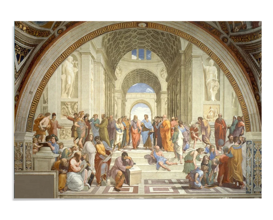 A Renaissance fresco painting depicting ancient philosophers, including Plato, Aristotle, and Socrates, engaged in intellectual discussion. They are set in a grand architectural space, with detailed figures and dramatic lighting emphasizing the depth and philosophical themes of the scene.

