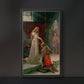  The framed artwork shows the queen knighting a kneeling warrior. Her white gown and the knight's red tunic evoke a sense of medieval legend, bringing an elegant and historical atmosphere to the room.